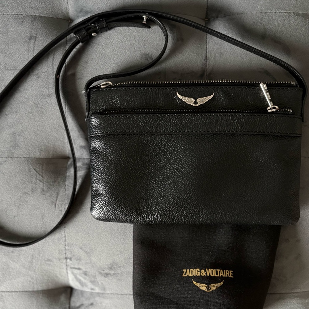 Zadig & Voltaire Black Leather Crossbody Pouch with Silver Accent